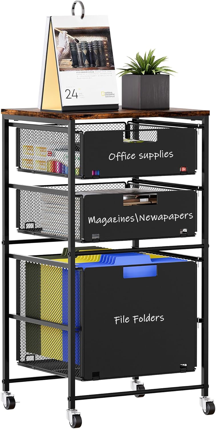 3-Drawer Storage Organizer, Under Desk Rolling File Cart with Lockable Wheels, Hanging File Folder Organizer for Letter Size, Utility Craft Cart Filing Cabinet for Home Office,Black