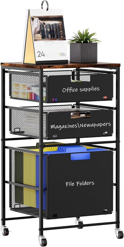 3-Drawer Storage Organizer, Under Desk Rolling File Cart with Lockable Wheels, Hanging File Folder Organizer for Letter Size, Utility Craft Cart Filing Cabinet for Home Office,Black