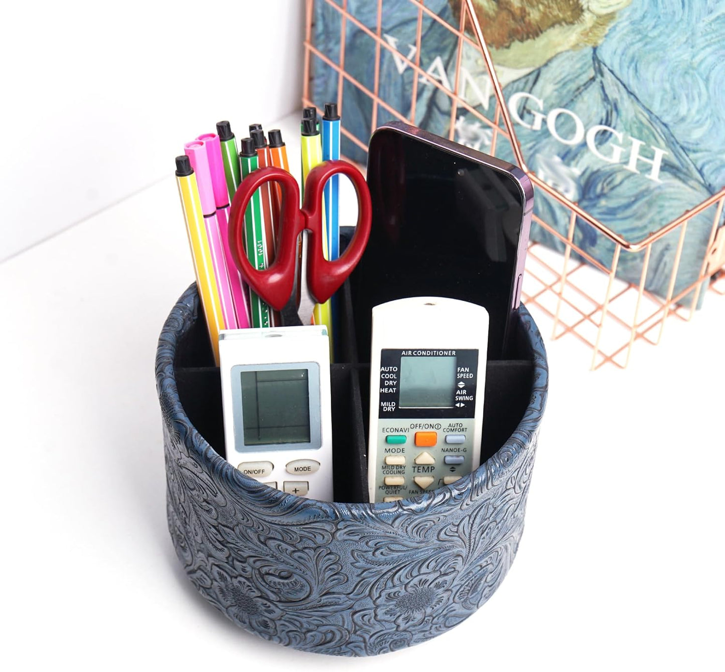 lizimandu Round Leather Art Supply Organizer,Remote Control Holder,360 Degree Spinning,Multi-Functional Pencil Holder,4 Compartments Desktop Stationary Organizer(1-Gold) - Colors A