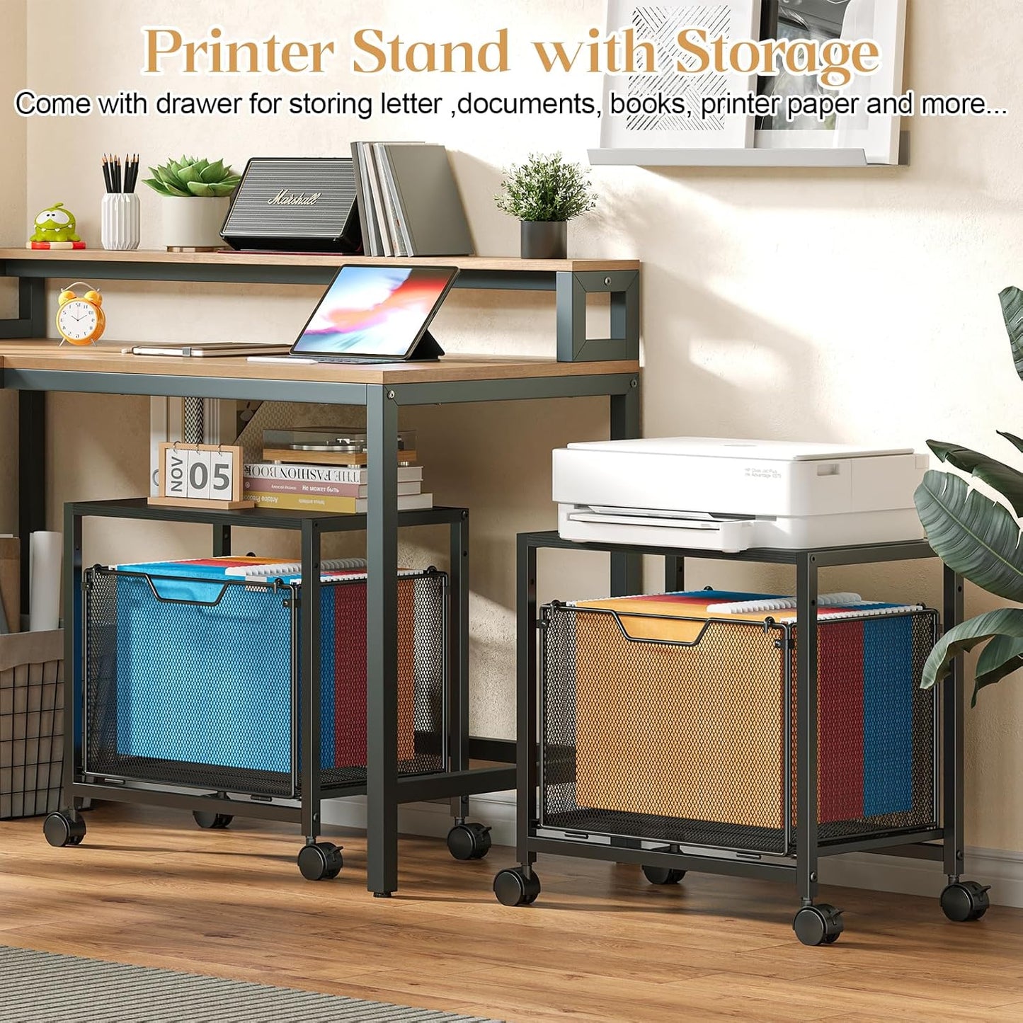 JKsmart Under Desk Storage, Printer Stand with Drawer, Rolling File Cabinet with Adjustable Table Top, 2 Tier Industrial Shelf on Fixed Feet Wheels, Sofa Side Table Organizer for Home, Office, Black