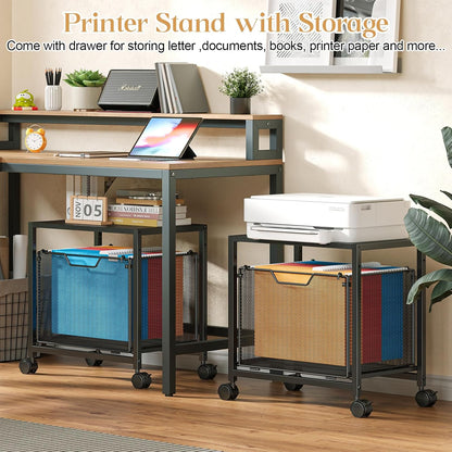 JKsmart Under Desk Storage, Printer Stand with Drawer, Rolling File Cabinet with Adjustable Table Top, 2 Tier Industrial Shelf on Fixed Feet Wheels, Sofa Side Table Organizer for Home, Office, Black
