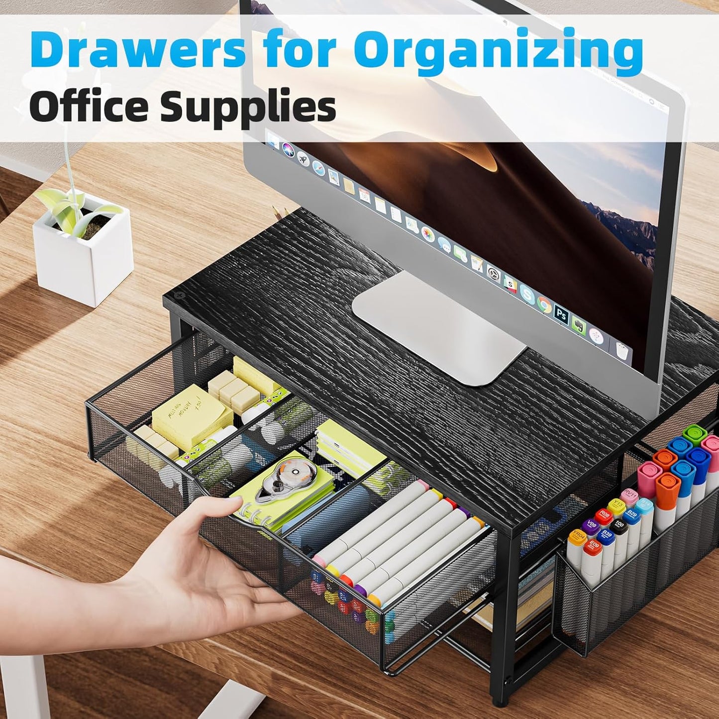 Marbrasse Metal Printer Stand for Desk with Storage Drawer and 2 Pen Holders, 2-Tier Desktop Organizer Printer Table for Home Office, Multi-Purpose Desk Organizer for Fax Machine Scanner Files(Black)