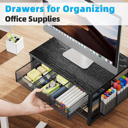 Marbrasse Metal Printer Stand for Desk with Storage Drawer and 2 Pen Holders, 2-Tier Desktop Organizer Printer Table for Home Office, Multi-Purpose Desk Organizer for Fax Machine Scanner Files(Black)