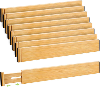 Fyvva Drawer Divider, Adjustable Bamboo Kitchen Drawer Organizer, Spring Loaded Drawer Organizer, Dresser Separators for Kitchen, Bathroom, Clothes, Office Desk Storage (Natural, 4 Pack Large)