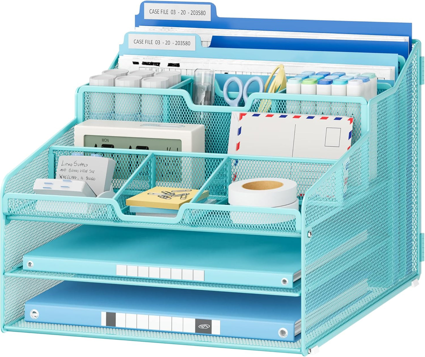 Lavatino Desk Organizer - Metal Mesh with 2 Paper Letter Trays, 7 Flexible Dividers, 2 Vertical File Holders for Office/Home/Classroom Supplies, Desk Organizers and Accessories, Black