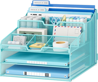 Lavatino Desk Organizer - Metal Mesh with 2 Paper Letter Trays, 7 Flexible Dividers, 2 Vertical File Holders for Office/Home/Classroom Supplies, Desk Organizers and Accessories, Black
