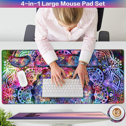 Desk Mat, Large Gaming Mouse Pad with Wrist Rest, 4in1 XXL Mousepad+Keyboard Wrist Rest+Mouse Pad Wrist Support+Cup Coaster Set Ergonomic Floral Computer Desk Arm Wrist for Decor Home Office Women