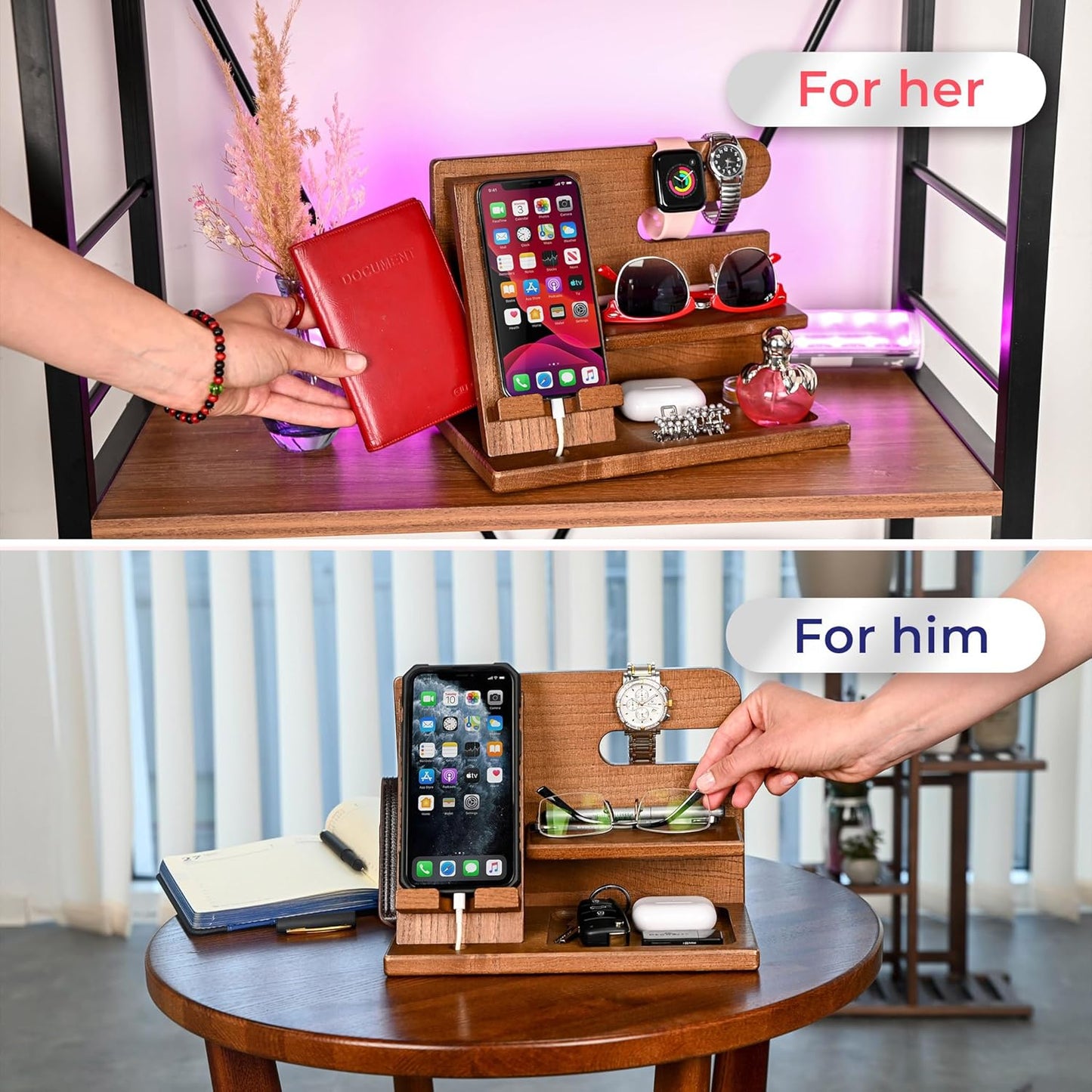 TESLYAR Wood Phone Docking Station for Men - Desktop or Nightstand Organizer - Birthday Gifts for Men, Dad - Anniversary Idea from Wife - Key Holder, Stand Wallet, Watch & Essentials (Granite Black)