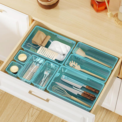 WOWBOX 32 PCS Clear Plastic Drawer Organizer Set, 4 Sizes Desk Drawer Organization and Storage Containers for Makeup, Cosmetics, Jewelry and Gadgets in Kitchen, Bathroom, Bedroom, Office, Clear Black
