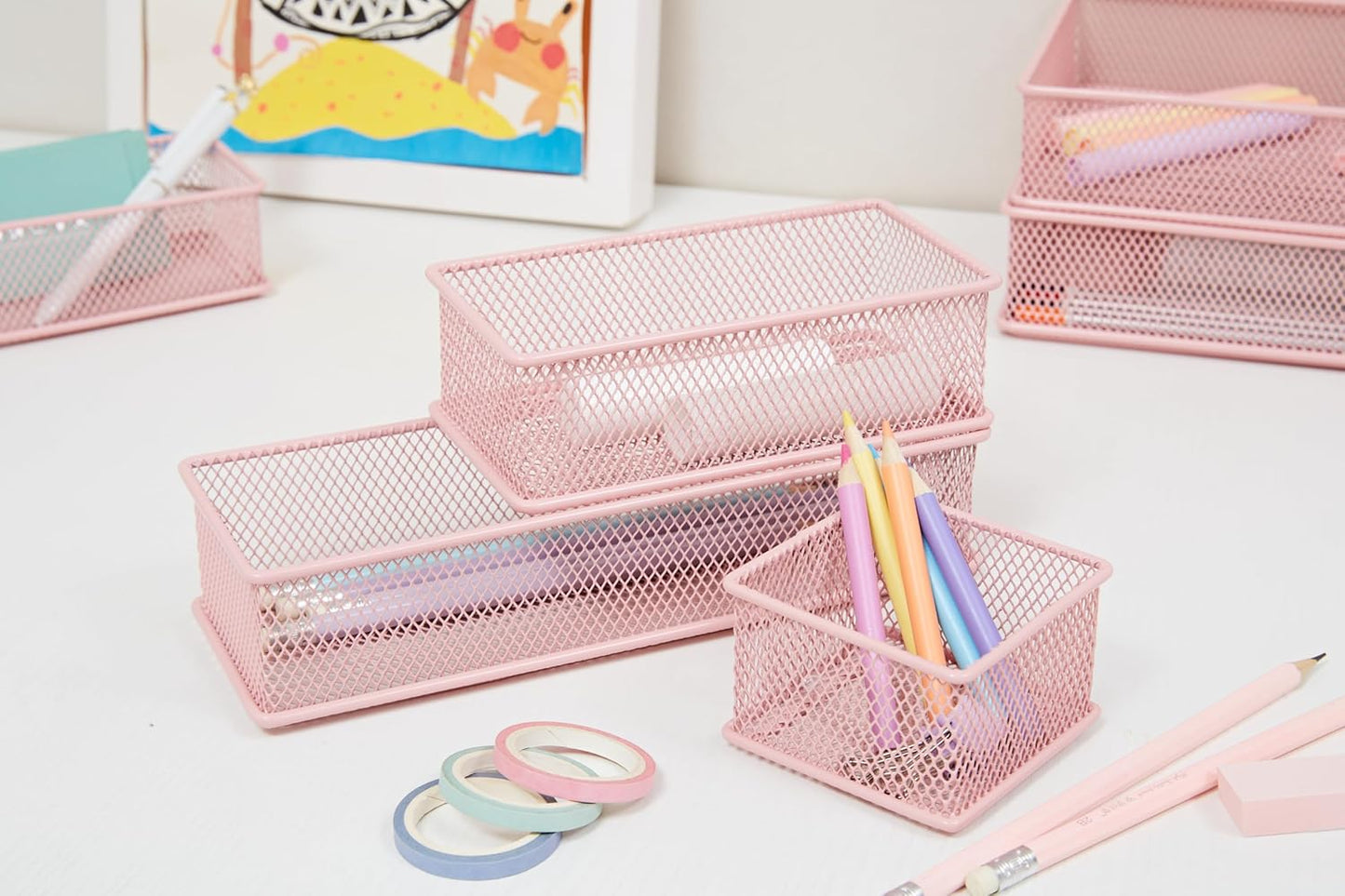 Annova Stackable Mesh Drawer Cabinet and Shelf Organizer Bins Storage Basket School Office Supply Holder Tray- Set of 2 (Gold, 3x3x2 Inch)