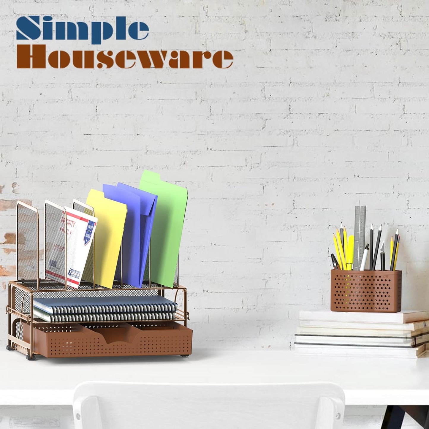 Simple Houseware Mesh Desk Organizer with Sliding Drawer, Double Tray and 5 Upright Sections, Black
