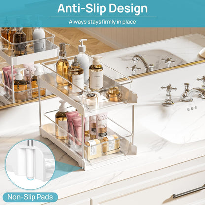 Vtopmart 4 Pack Bathroom Organizer, 2 Tier Clear Under Sink Organizers Vanity Countertop Storage Container,Cabinet Drawers Bins, Pull-Out Organization with Track for Pantry, Kitchen