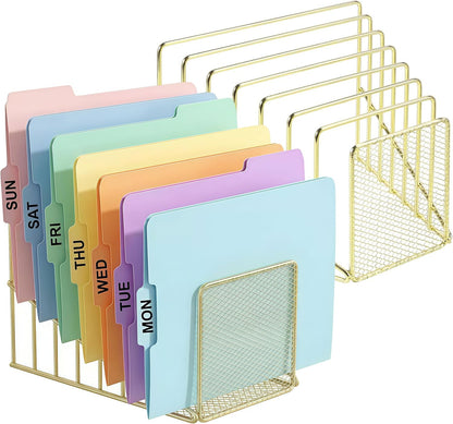 Simmer Stone Rose Gold Desk Organizer 7 Slot Inclined Vertical File Folder Holder Sorter with Mesh Front – Metal Wire Rack for Mail, Slim Binders, Books Office Organization & Desktop Accessories