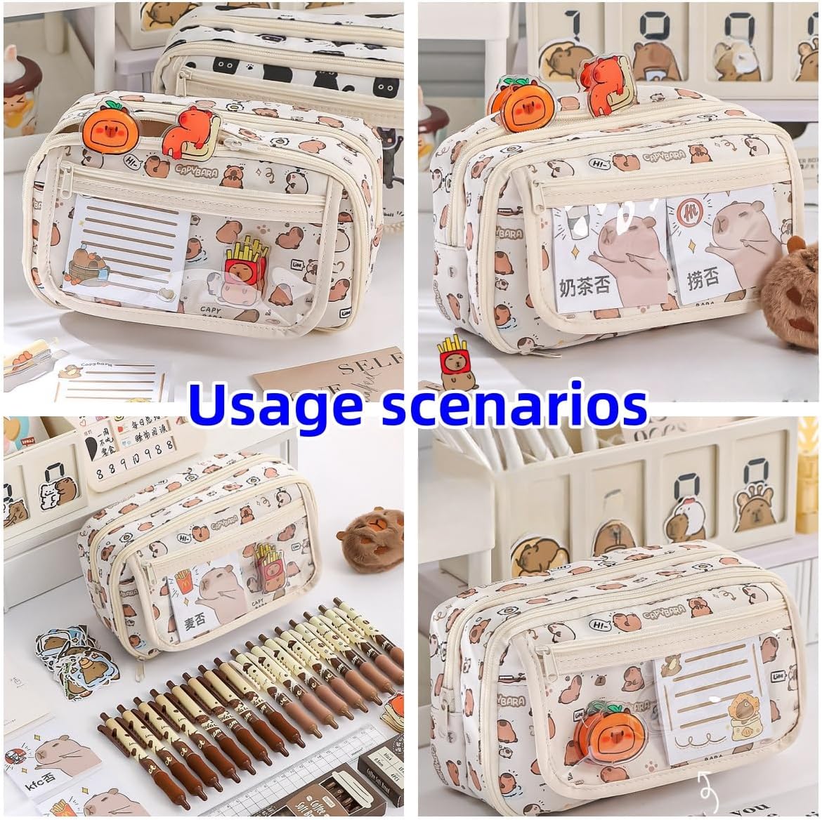 Cute Kawaii Pencil Case Pouch Cartoon Pen Box Holder Organizer for Office Workspace Supplies Desk Accessories Travel Essentials Aesthetic Trendy Cool Stuff Gift Large Capacity (Pink Kapibala)