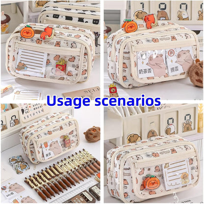 Cute Kawaii Pencil Case Pouch Cartoon Pen Box Holder Organizer for Office Workspace Supplies Desk Accessories Travel Essentials Aesthetic Trendy Cool Stuff Gift Large Capacity (Pink Kapibala)