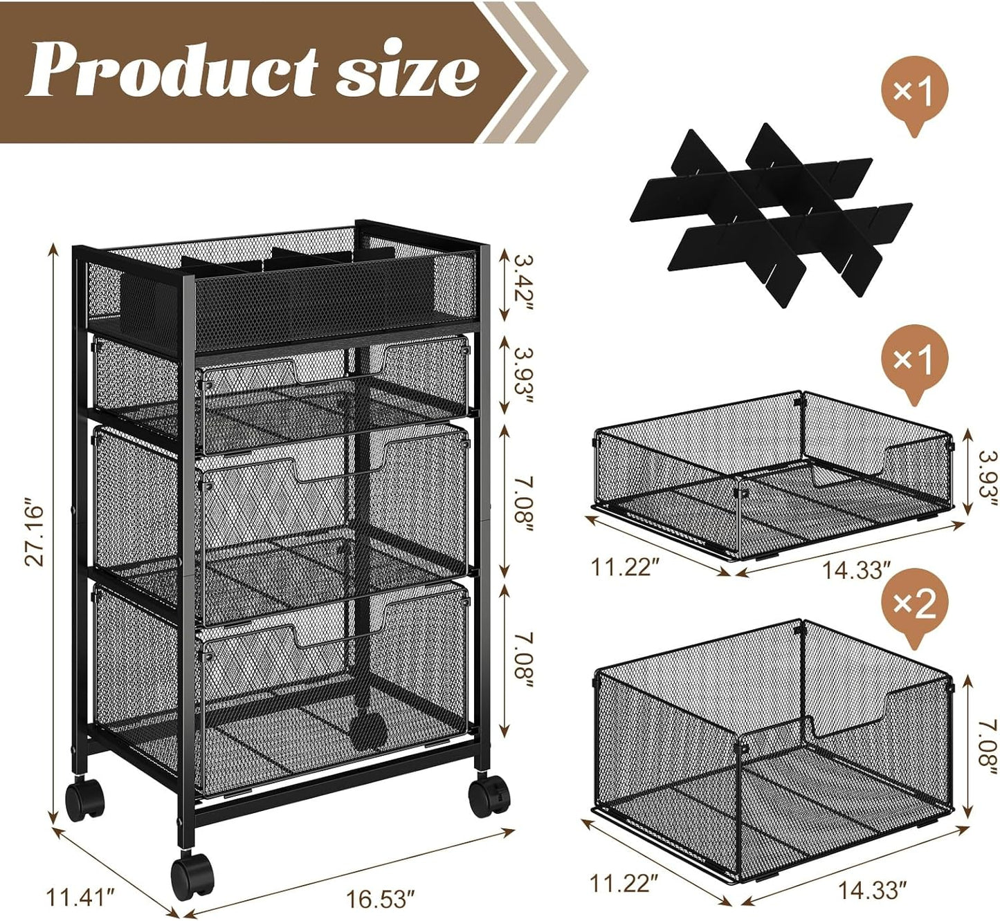 Rolling Utility Cart with 3 Drawers, Craft Organizer and Storage with DIY Divider, Lockable Wheels, Multi-Functional Storage for Art Supplies, Store for Brushes & Paints & Small Parts(Patent Pending)