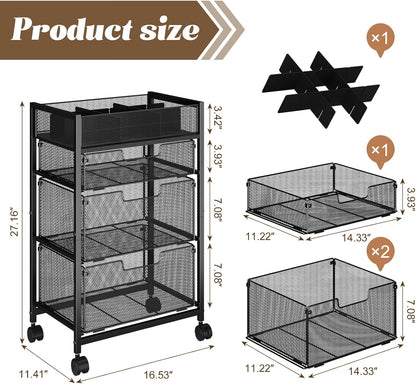Rolling Utility Cart with 3 Drawers, Craft Organizer and Storage with DIY Divider, Lockable Wheels, Multi-Functional Storage for Art Supplies, Store for Brushes & Paints & Small Parts(Patent Pending)