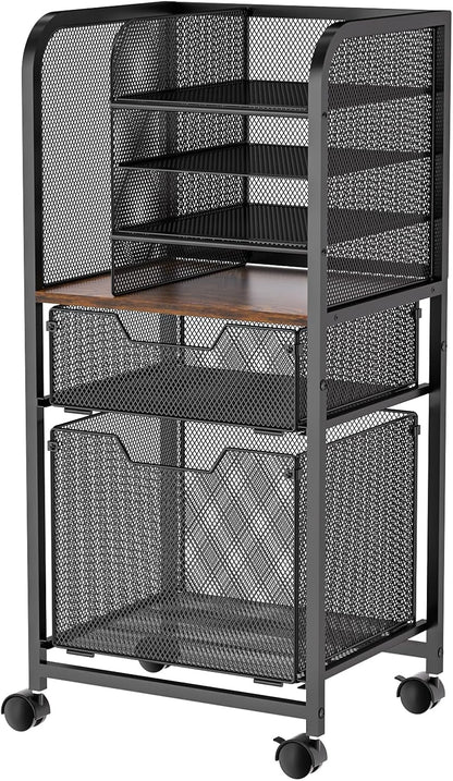 5-Tier Rolling File Cart Under Desk with Drawers, File Cabinet Organizer for Hanging File Folders, Letter-Size File Storage with Wheels, Multi-Layer Mobile Filing Cabinet for Under Desk Storage