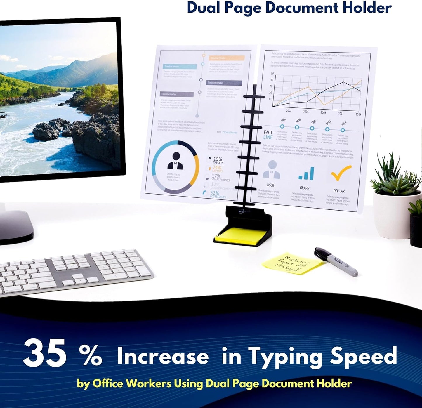 Note Tower Desktop Pro Dual Document Holder for Typing | Compact 2 Page Paper Holder Stand for Desk | Document Stand Holds Copy Paper, Photos & Post Notes | Dispenser includes 3x3 Sticky Notes | Black