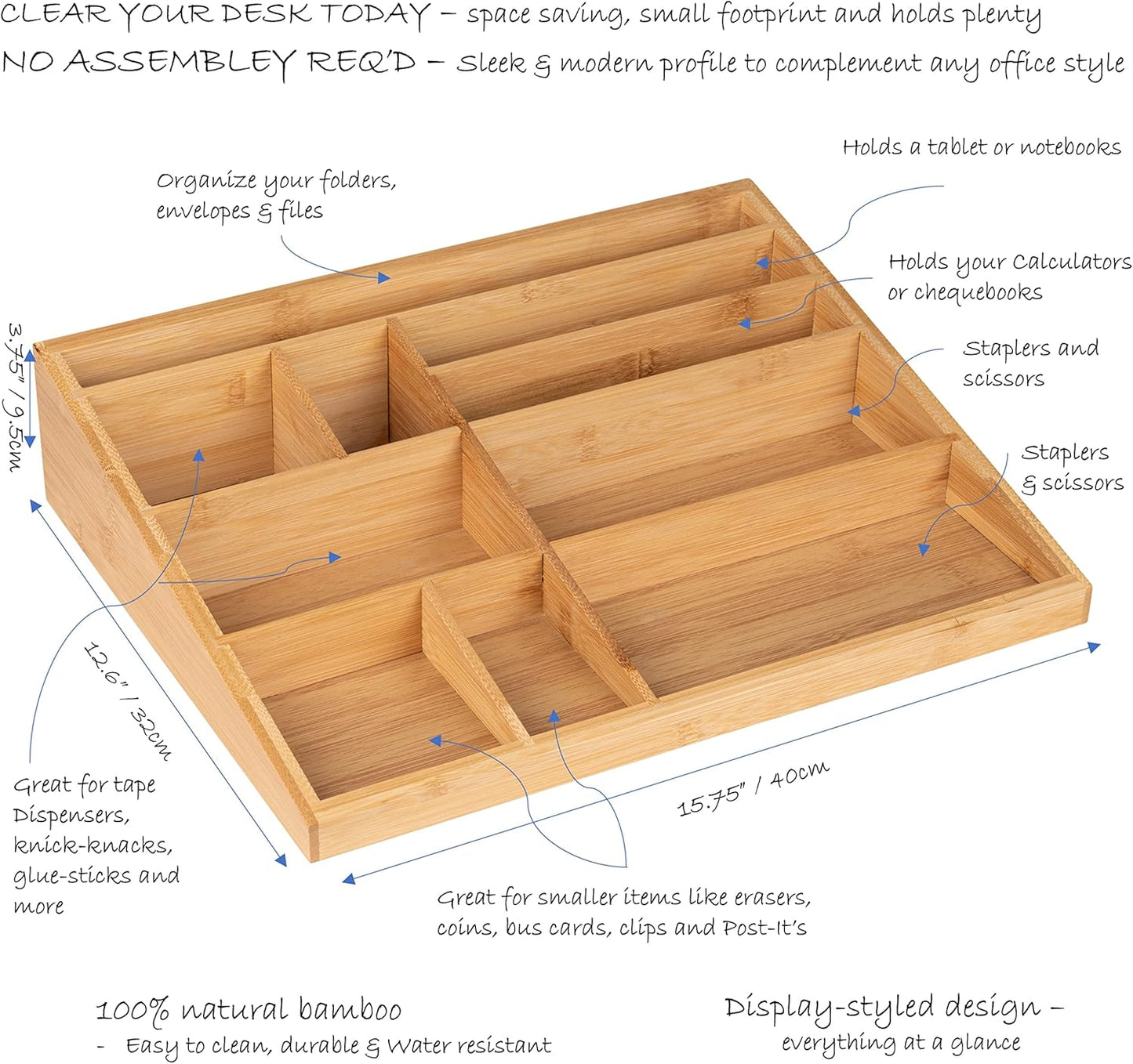 Theodore Bamboo Desktop Organizer – 10‑Compartment Natural Wood Storage Tray for Office, Home, Kitchen & Vanity – No Assembly, Water‑Resistant, Eco‑Friendly