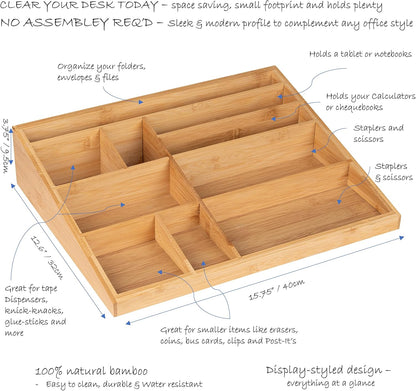 Theodore Bamboo Desktop Organizer – 10‑Compartment Natural Wood Storage Tray for Office, Home, Kitchen & Vanity – No Assembly, Water‑Resistant, Eco‑Friendly