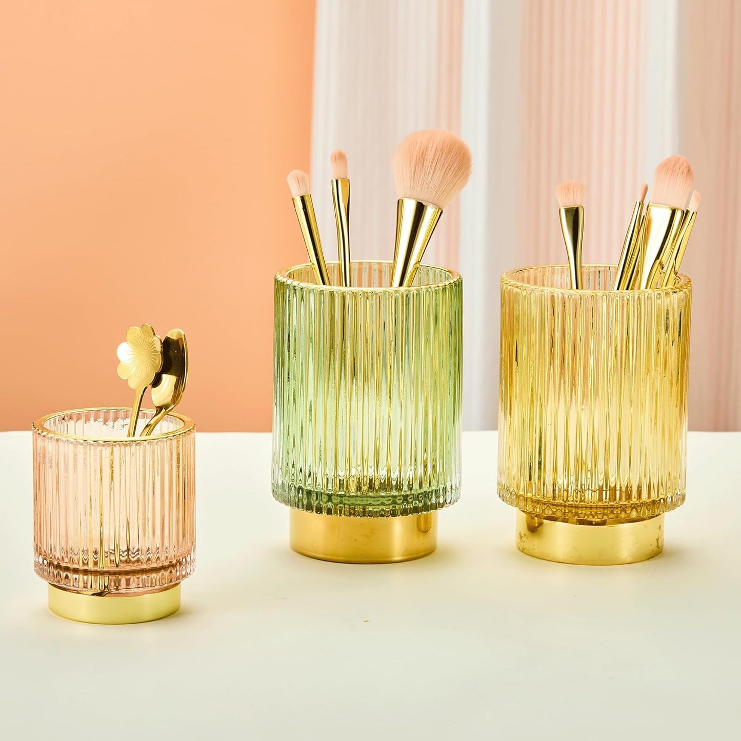 Makeup Brush Holder Organizer,Toothbrush Holders,Desk Pen Pencil Holder,Multifunctional Vintage Glass Brush Cup（L/Green/A3-6-US）