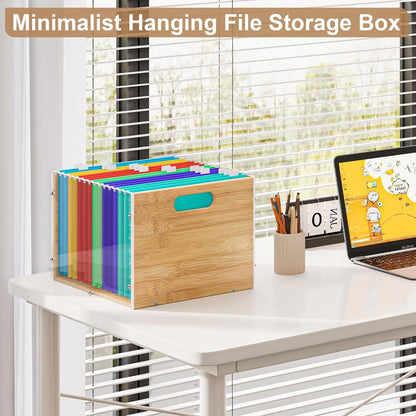 Sbanmao Clear Acrylic File Box Organizer, Bamboo Hanging Folder Storage Boxes, Filing Crate Bin Holder with Handle for Home Office Desk, Letter Size