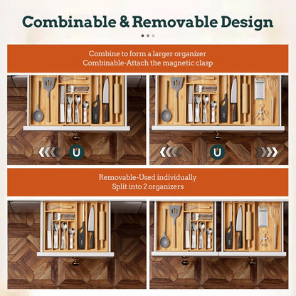 Silverware Organizer Large, Magnetic Connected Expandable 13 Slots Silverware Drawer Organizer From 21 to 37.4 Inches, Adjustable Flatware and Cutlery Holder, Bamboo Utensil Tray for Kitchen Natural
