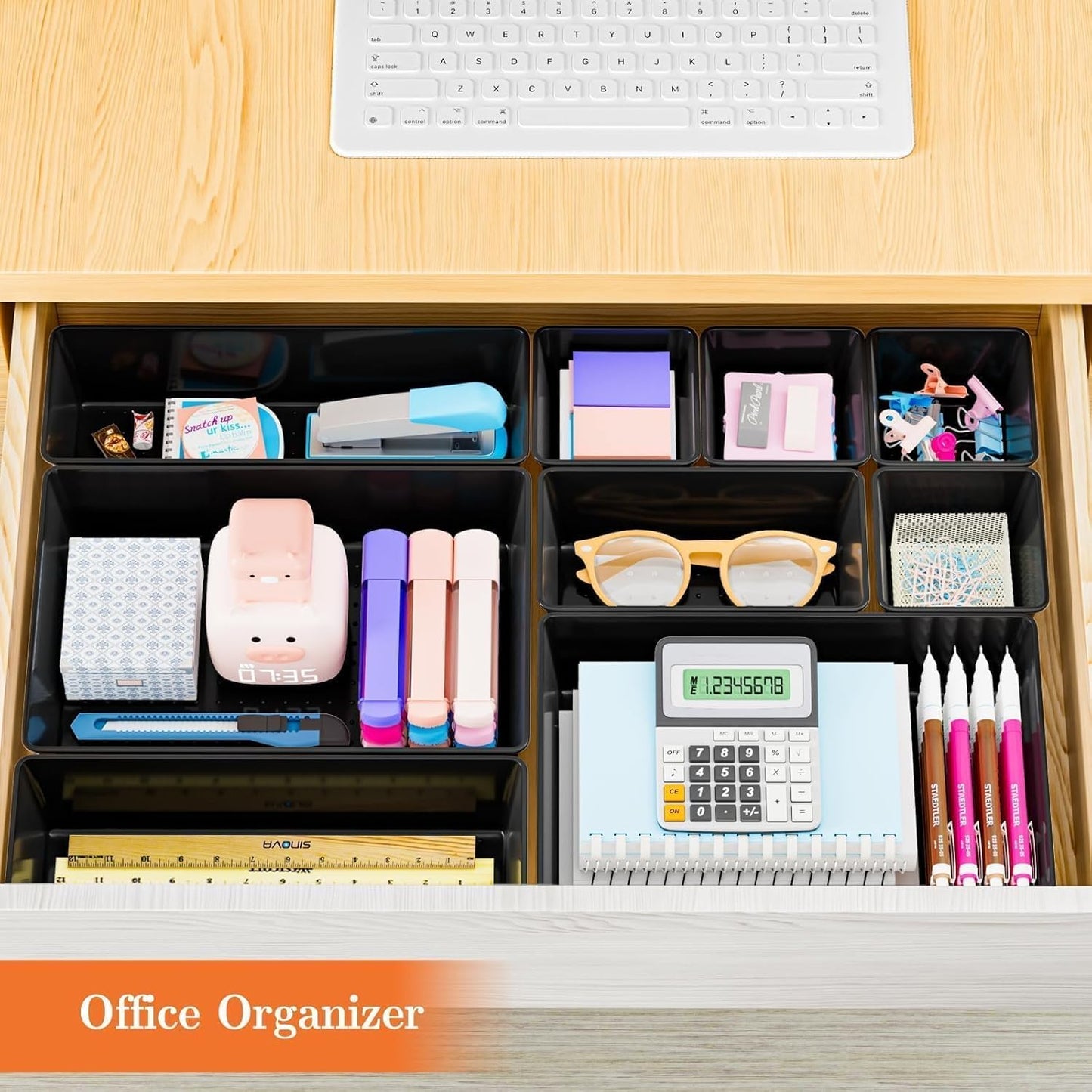 SpaceHacks 25 PCS Plastic Drawer Organizer Set, 4-Size Versatile Organizer Tool Trays & storage Bins for Makeup, Jewelry, and Gadgets in Bathroom, Bedroom and Office,Clear Black