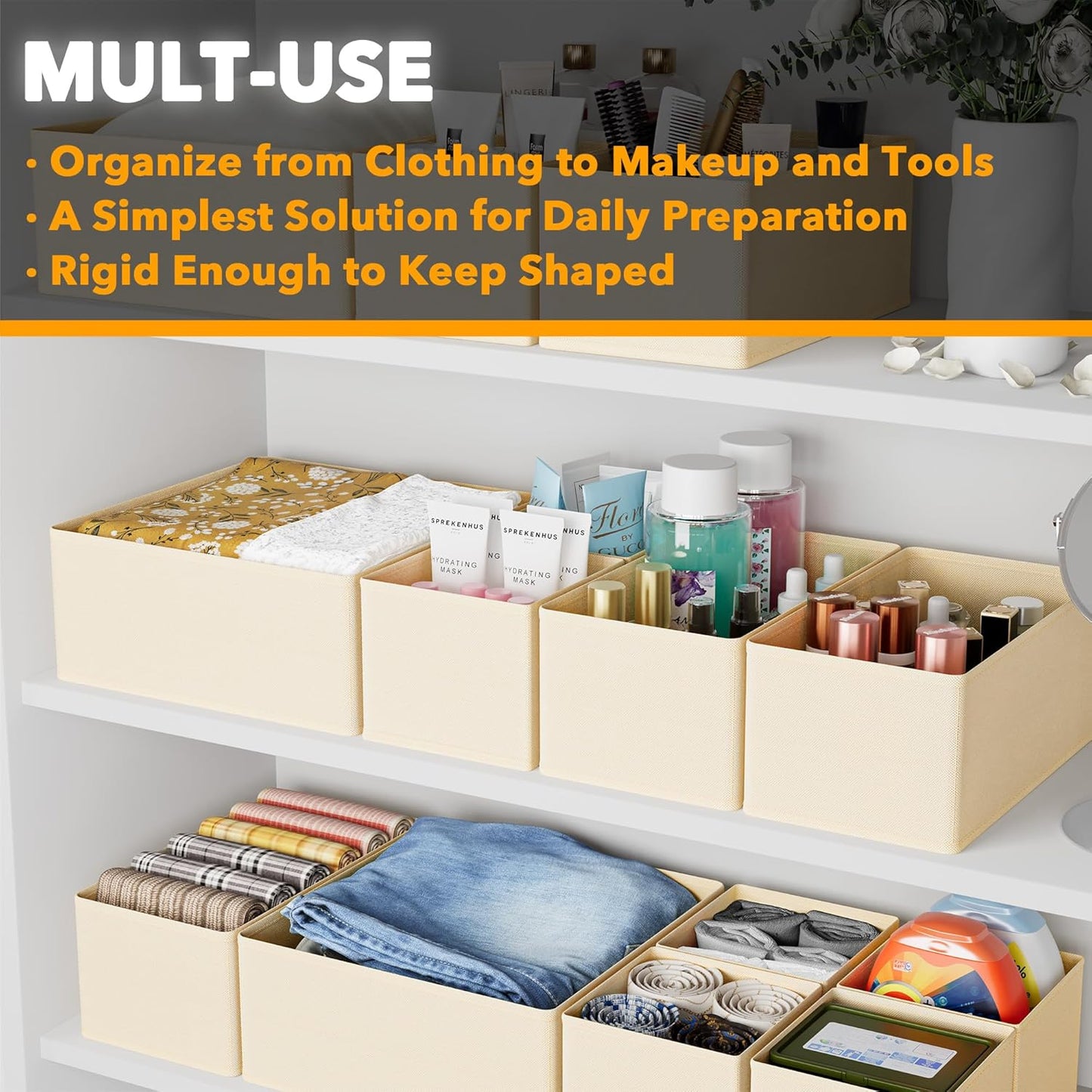 SpaceAid Drawer Organizer for Clothes, 18 Pack Dresser Drawer Organizer Bins, Closet Organizers and Storage Dividers for Clothing, Underwears, Socks (Beige)