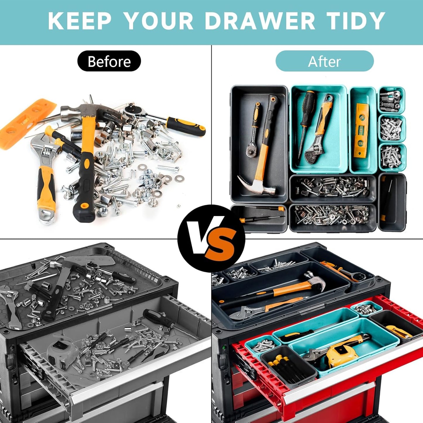 [60 PCS Upgraded] FLYVOLE Tool Box Organizer Tray, Toolbox Desk Drawer Organizer, Tool Box Tray, Toolbox Organization Storage for Rolling Tool Chest (60 PCS)