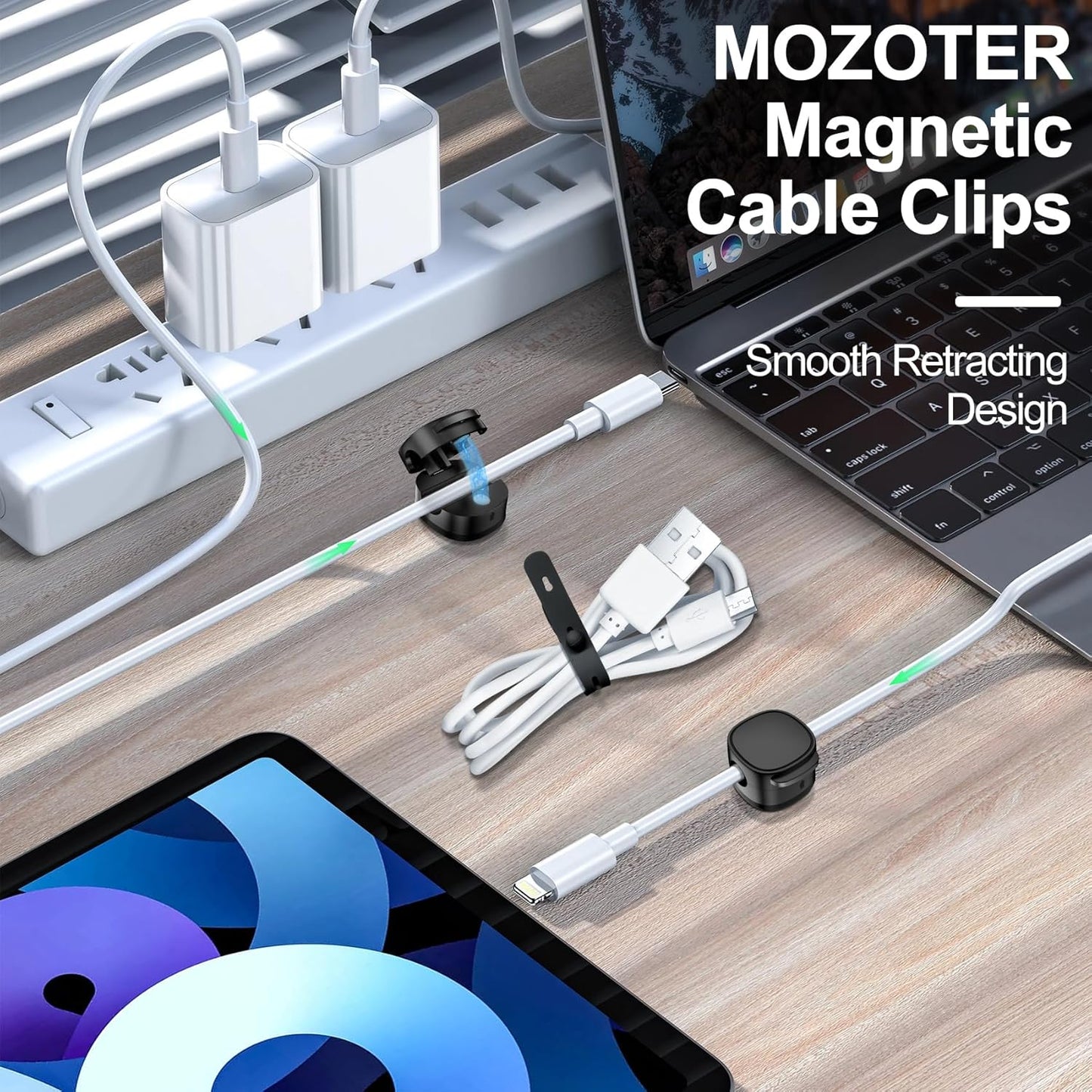 6 Pack,Magnetic Cable Clips & Silicon Cable Ties,[Cable Smooth Adjustable Under Desk Organizer],Cable Management,Cord Holder-Desk Stand Cable Organizer Holding,Adhesive for Home Cable Keeper