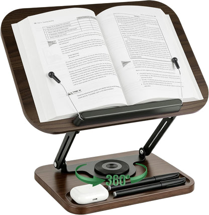 Book Stand for Reading, 360° Rotating Book Holder for Desk, Heavy Duty Bible Stand with Page Clips, Adjustable Height for Thick Textbooks, Cookbooks, Music Book