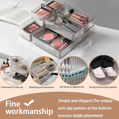 Makeup Drawer Organizer Bins Set - 7 PCS 4-Size Clear Bathroom Drawer Organizers Trays, Desk Junk Vanity Drawer Organizer Storage, Kitchen Utensils, Bathroom, Jewelries and Office