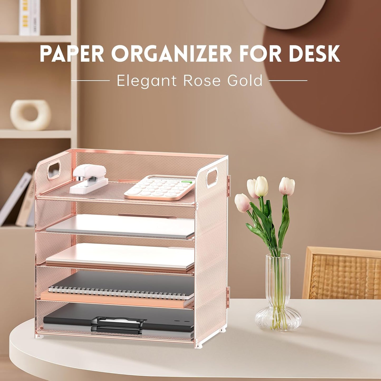 Supeasy 5 Trays Paper Organizer Letter Tray with Handle-Mesh Desk File Holders, Paper Sorter Desk Organizer for Office, Home, Classroom or School, White