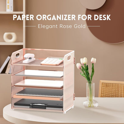 Supeasy 5 Trays Paper Organizer Letter Tray with Handle-Mesh Desk File Holders, Paper Sorter Desk Organizer for Office, Home, Classroom or School, White