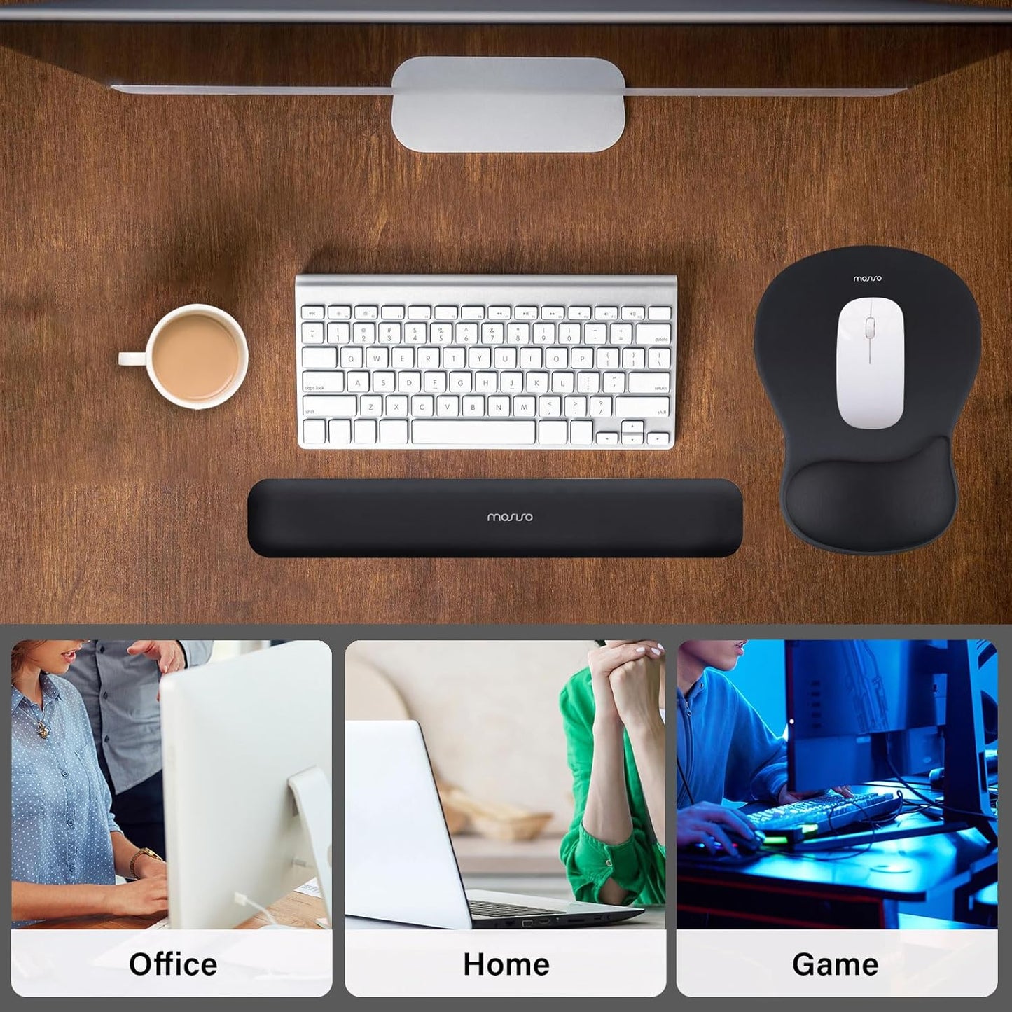 MOSISO Wrist Rest Support for Mouse Pad&Keyboard Set, Ergonomic Mousepad with Concave Curved Memory Foam, Non-Slip Base Pain Relief Comfortable Rectangular Easy Typing Pad for Home/Office, Black