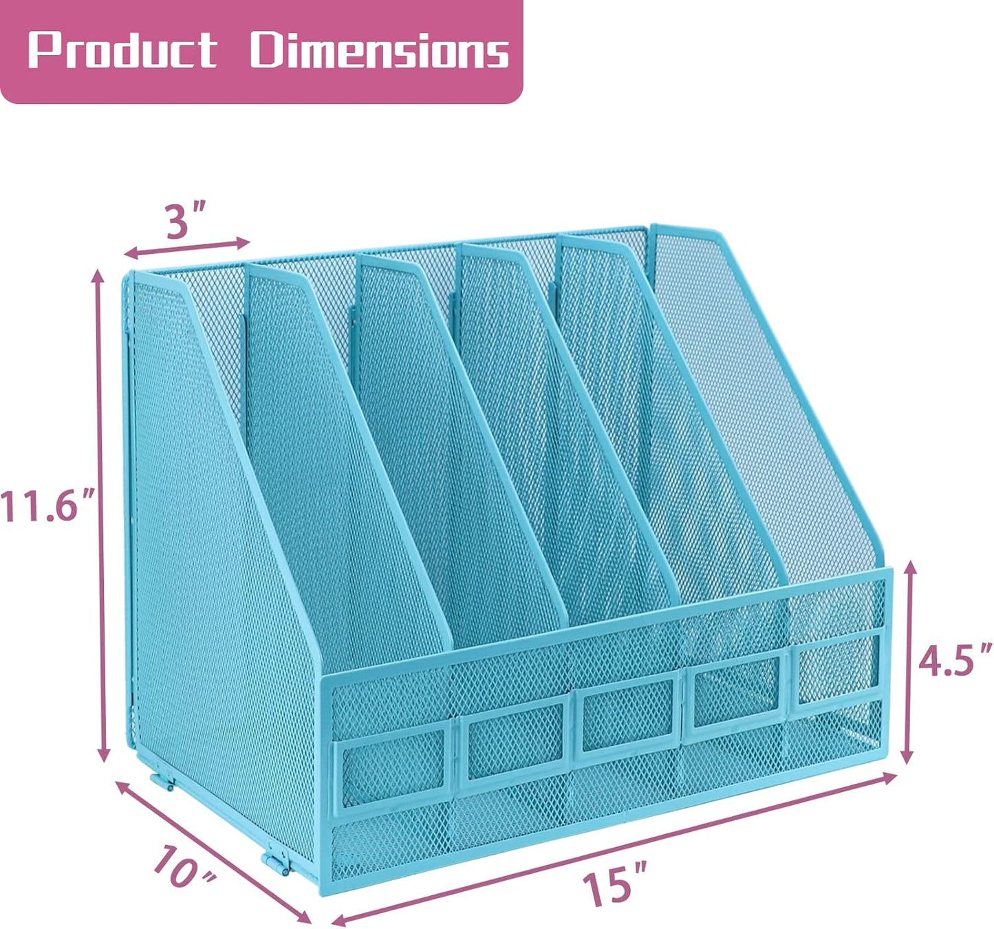 Desk Organizers, Metal Magazine File Holder with 5 Vertical Compartments Rack Binder File Organizer for Office Supplies, Home Workspace - Black