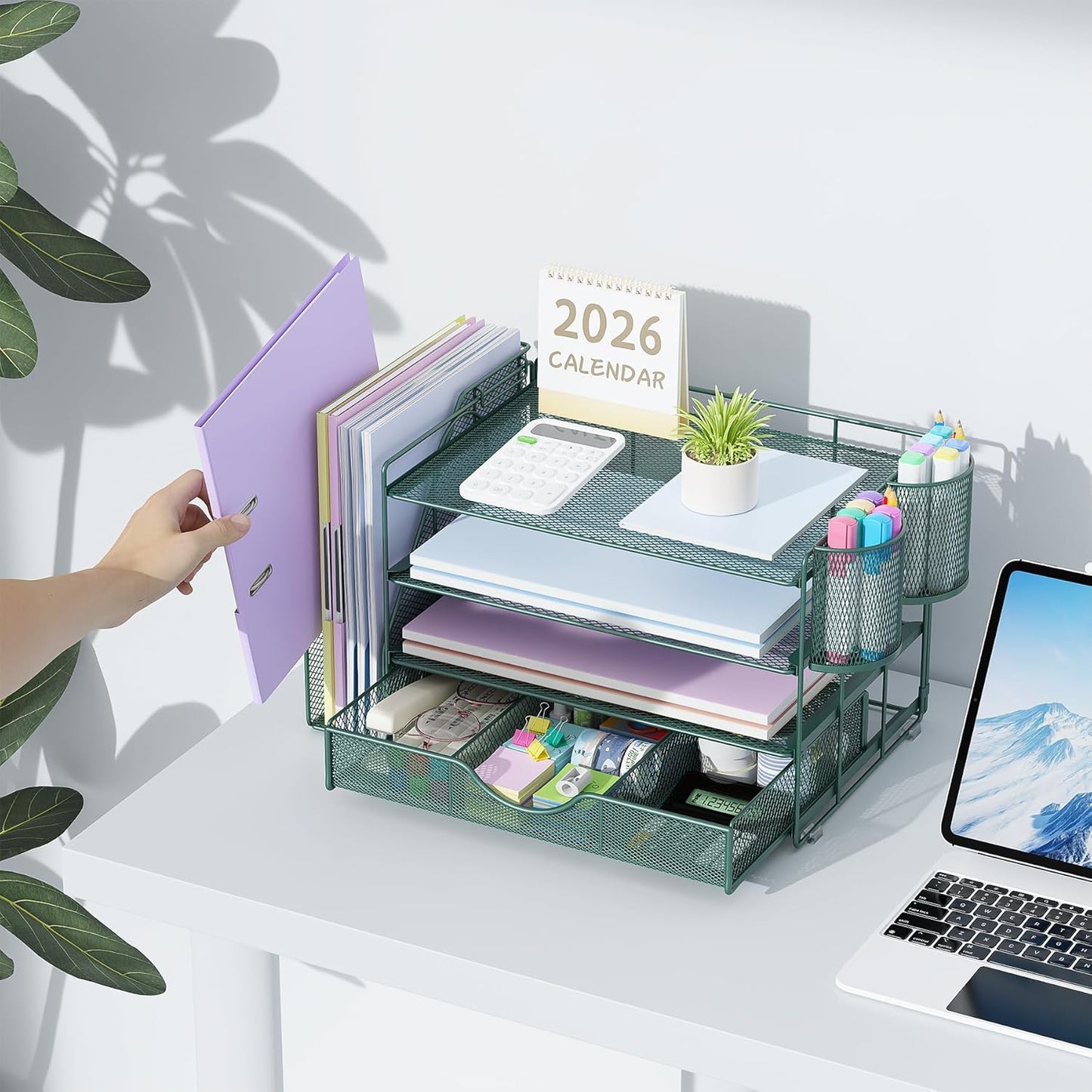 gianotter Desk Organizers and Accessories with File Holder, 4-Tier Desk Accessories & Workspace Organizers with Drawer and 2 Pen Holder, Paper Organizer for Office Supplies (Rose Gold)