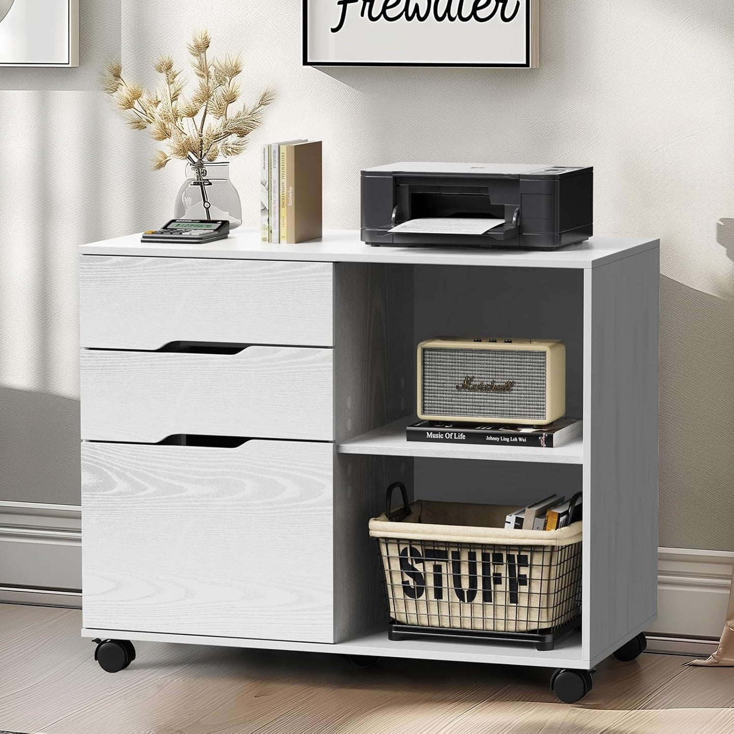 DUMOS Lateral File Cabinet with 3 Drawers Rolling Filing Cabinets Under Desk Storage Printer Stand Wood Organizer with Wheels Adjustable Shelf for Office Home Small Space, White