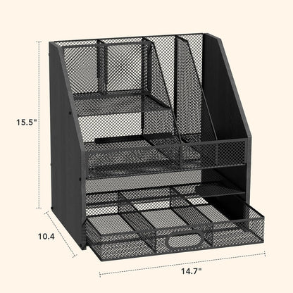 Homsorout Wooden Desk Organizer - Mesh File Organizer with Drawers and Pen Holder - 4-Tier Vertical Paper Letter Storage Tray, Desktop Organizers and Accessories for Home Office