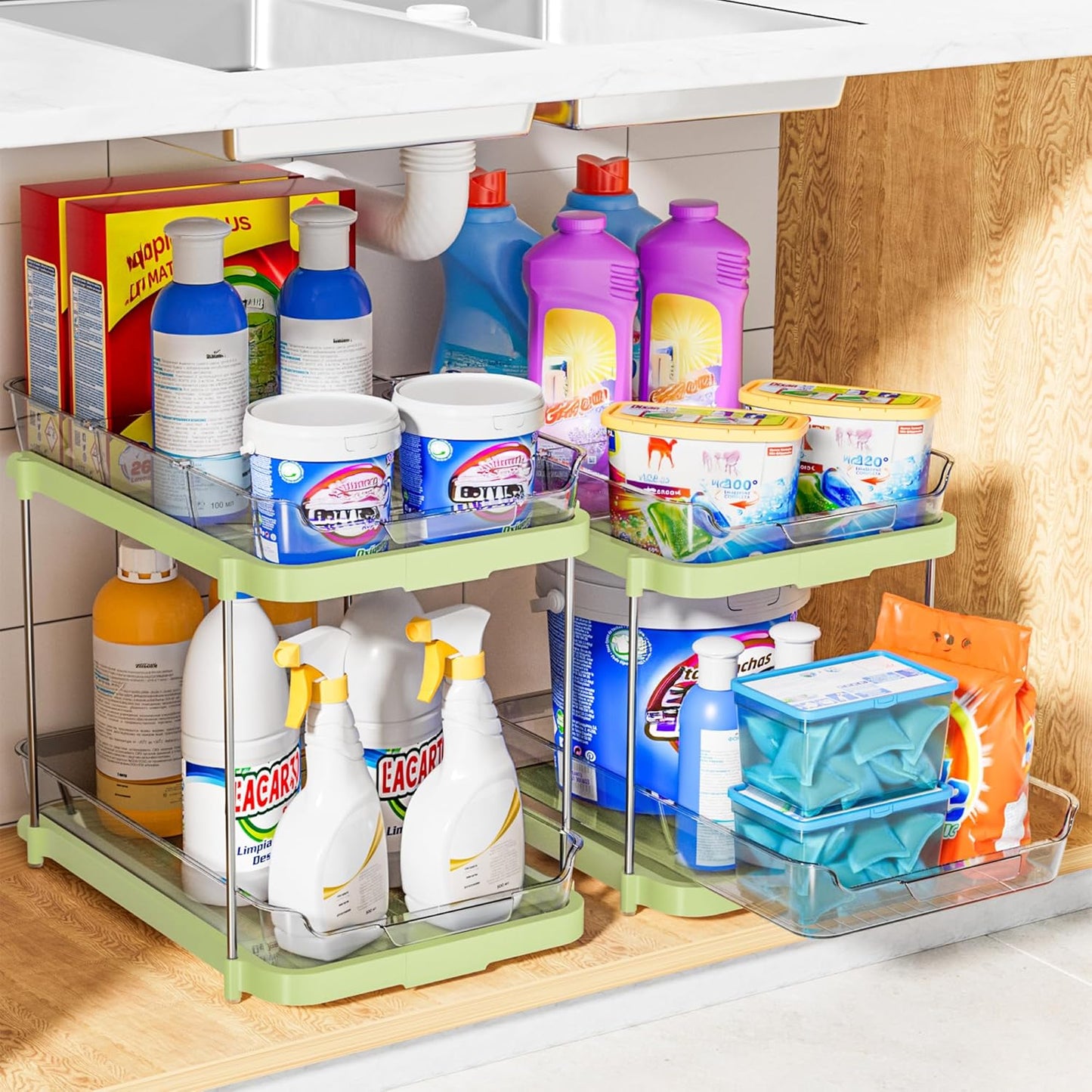Delamu 2-Tier Multi-Purpose Bathroom Under Sink Organizers and Storage, Stackable Kitchen Pantry Organization, Pull Out Medicine Cabinet Organizer with Movable Dividers, White, 2 Pack