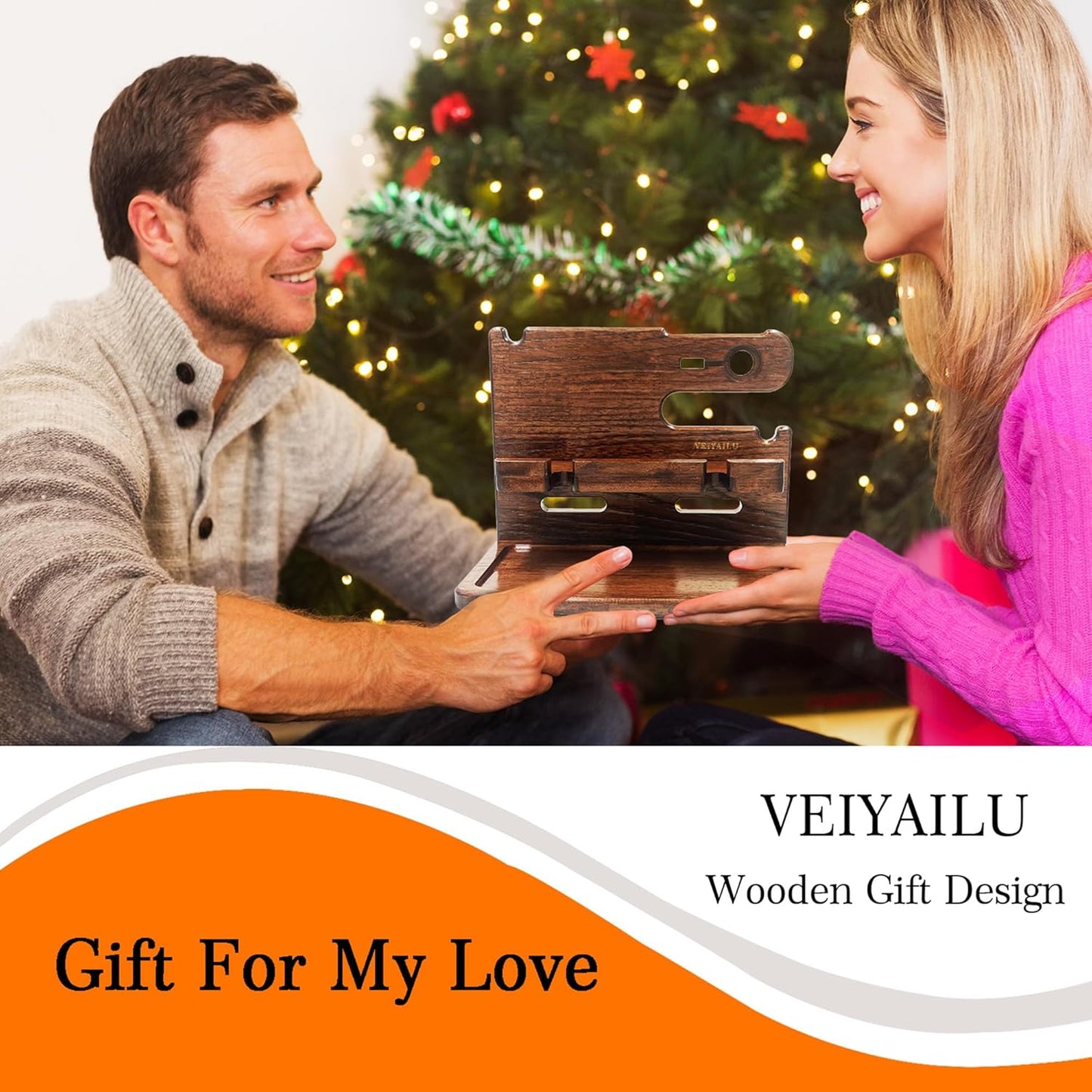 VEIYAILU Gifts for Men Women Dad Husband Boyfriend Wood Phone Docking Station Nightstand Organizer for Men Birthday Gifts (Dark Brown)