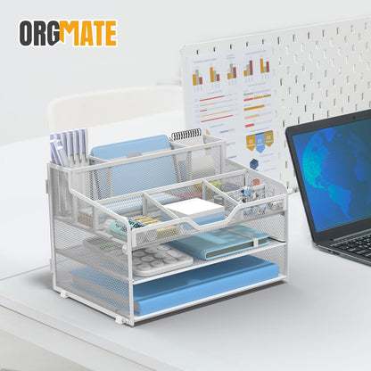 5 Tier Mesh Desk Organizer,Multi Functional Letter Paper Tray with 3 Pen Holders and 5 Adjustable Storage Compartments for Office Supplies Files and Mail Space Saving Desktop Organizer-Black
