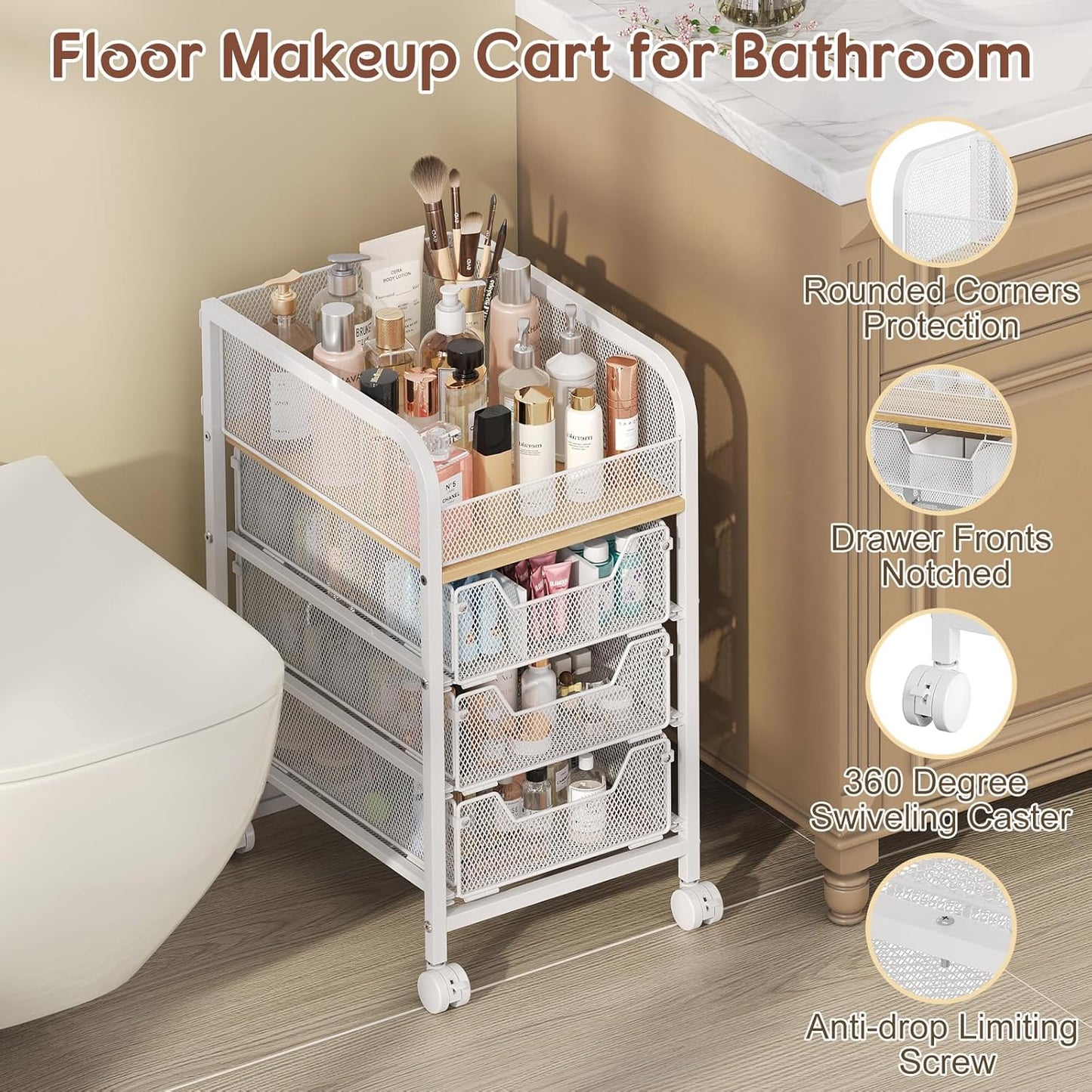 Hongtamoya Rolling Makeup Cart Organizer with 2 Drawers, Narrow Floor Skincare Organizers, Vanity Organizer Cosmetics Display Cases Holder for Skin Care Nail Polish Perfume Makeup Brush, White