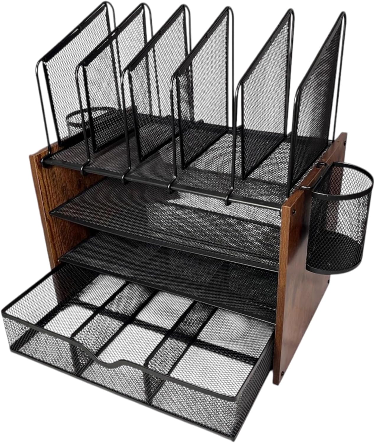 Wooden Desk Organizer - 4-Tier Desktop File Organizer with Drawer, Wooden Paper Tray, Vertical File Holders & 2 Pen Holders - Office Desk Organizer for Papers, Mail, Notebooks, Stationery