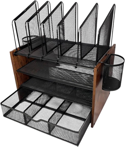 Wooden Desk Organizer - 4-Tier Desktop File Organizer with Drawer, Wooden Paper Tray, Vertical File Holders & 2 Pen Holders - Office Desk Organizer for Papers, Mail, Notebooks, Stationery