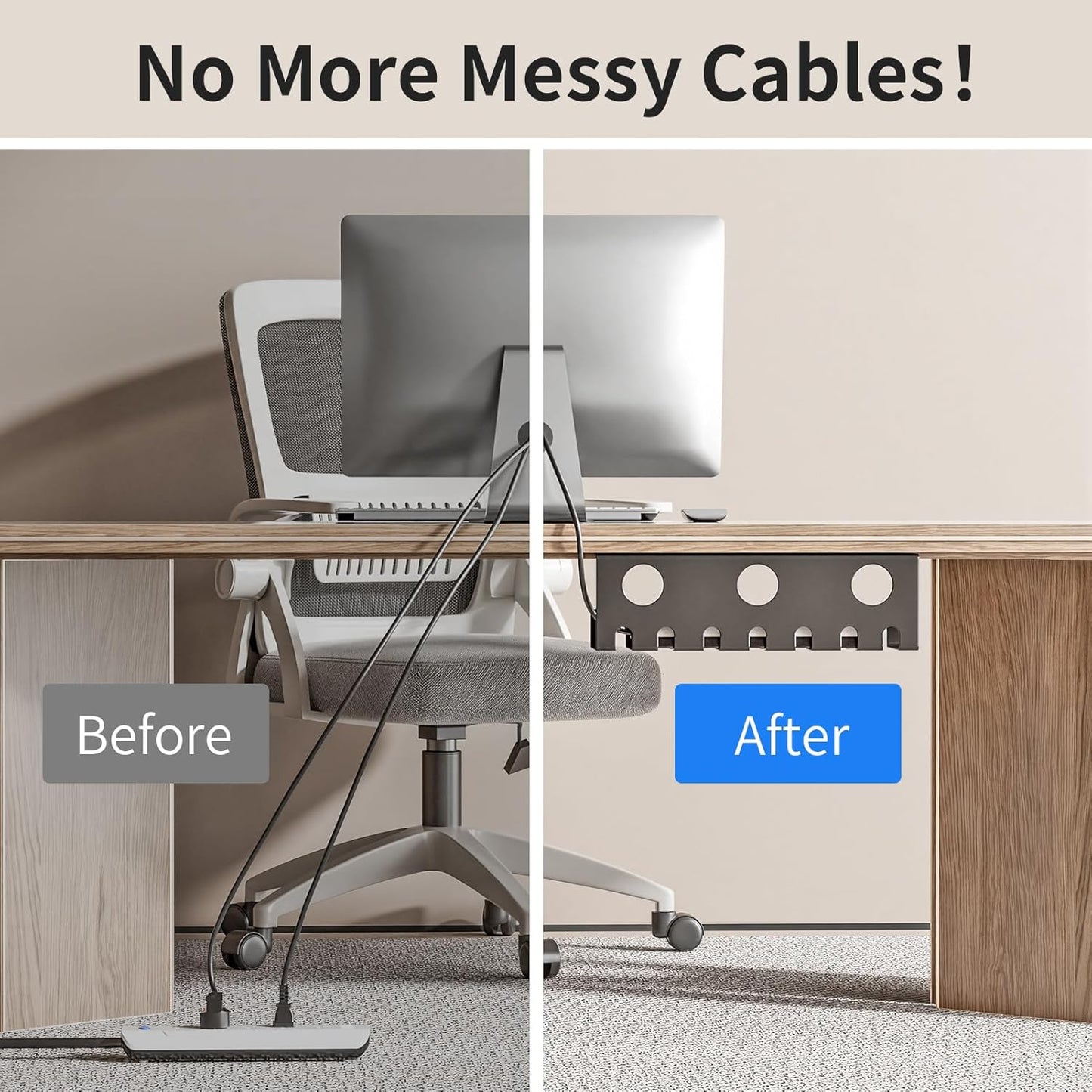 Delamu 2 Pack Metal Under Desk Cable Management Tray, U Channel Cord Organizer Box, Office Under Desk Cord Organizers, Cable Management with Various Accessories, Black, 15.75 Inches