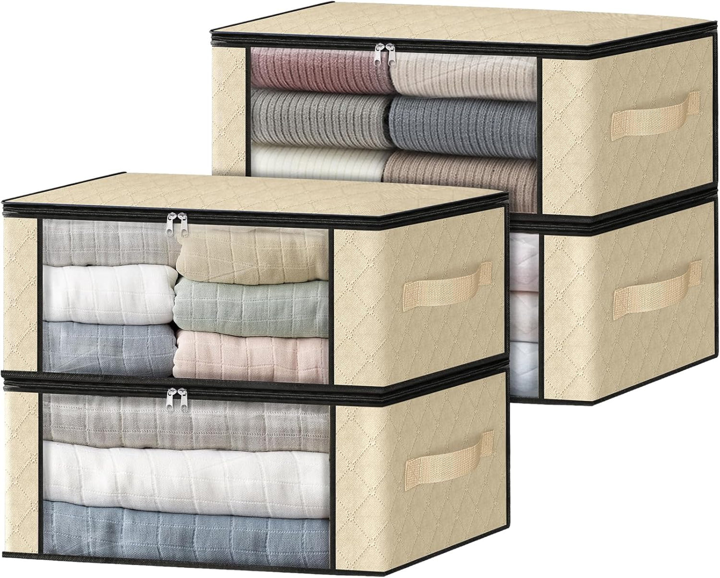 HomeHacks Storage 3-Pack Clothes Organizer Storage Bags Foldable Storage Box with Large Clear Window Sturdy Handles for Closet, Dorm, Pillows, Bedding, Clothes, Blankets, 35L, Gray
