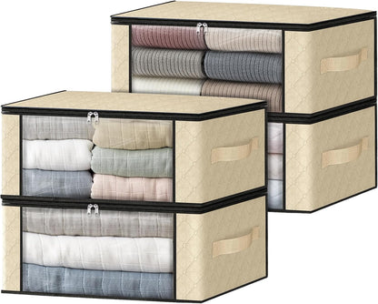 HomeHacks Storage 3-Pack Clothes Organizer Storage Bags Foldable Storage Box with Large Clear Window Sturdy Handles for Closet, Dorm, Pillows, Bedding, Clothes, Blankets, 35L, Gray